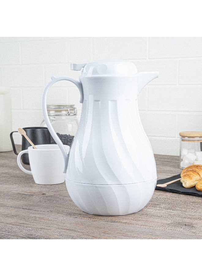 Restaurantware Restpresso 42 Ounce Coffee Carafes, 10 Insulated Coffee Servers - Push-Button Top, Swirl Design, White Plastic Coffee Pitchers, Built-In Handle, With Identification Tags  - Image 4
