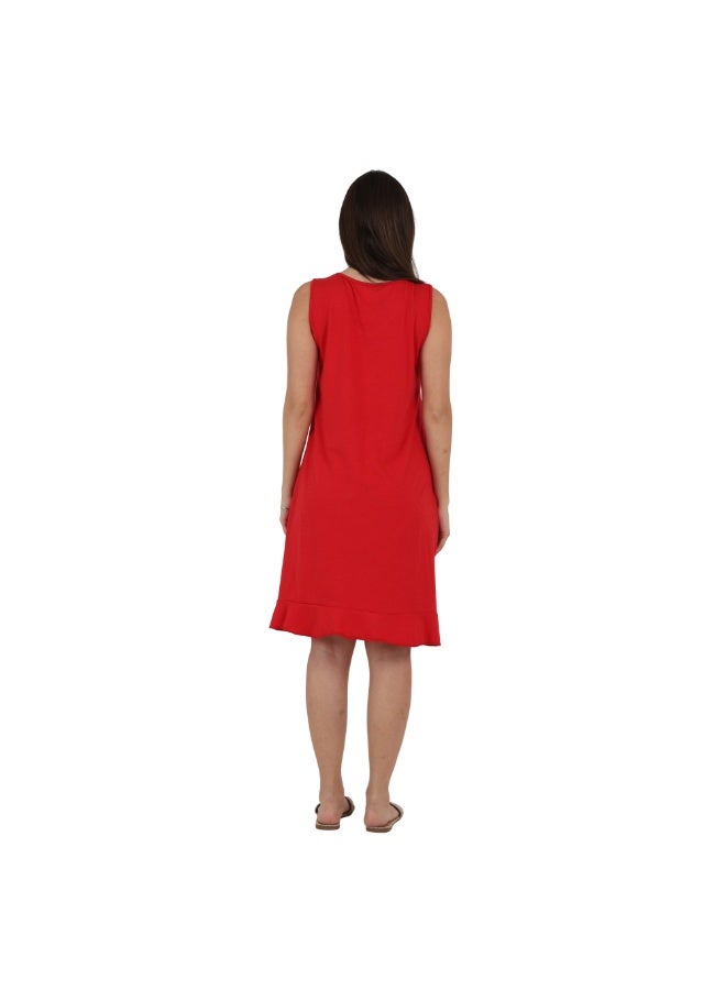 ZECOTEX Premium Cotton Home Dress - Elegant Embroidered Sleeveless Casual Loungewear Knee-Length Midi Dress with Ruffled Hem - M to 4XL - Radiant Red - Image 2