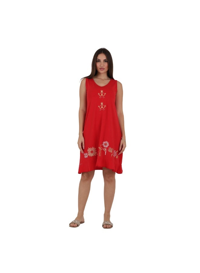 ZECOTEX Premium Cotton Home Dress - Elegant Embroidered Sleeveless Casual Loungewear Knee-Length Midi Dress with Ruffled Hem - M to 4XL - Radiant Red - Image 1