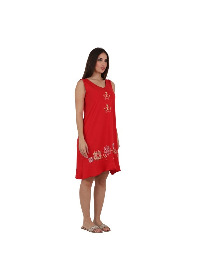 ZECOTEX Premium Cotton Home Dress - Elegant Embroidered Sleeveless Casual Loungewear Knee-Length Midi Dress with Ruffled Hem - M to 4XL - Radiant Red - Image 3