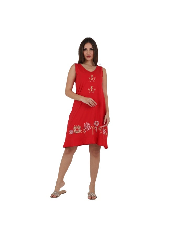 ZECOTEX Premium Cotton Home Dress - Elegant Embroidered Sleeveless Casual Loungewear Knee-Length Midi Dress with Ruffled Hem - M to 4XL - Radiant Red - Image 4