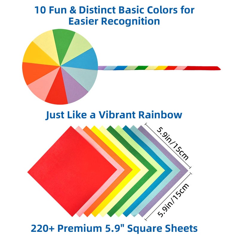 Enmousvan Origami Paper 6x6 Inch, Double Sided Color, 220 Sheets, 10 Fun & Distinct Colors, Child-Friendly, with DIY Accessory Kit for Hands-on Art and Craft Projects - Image 2