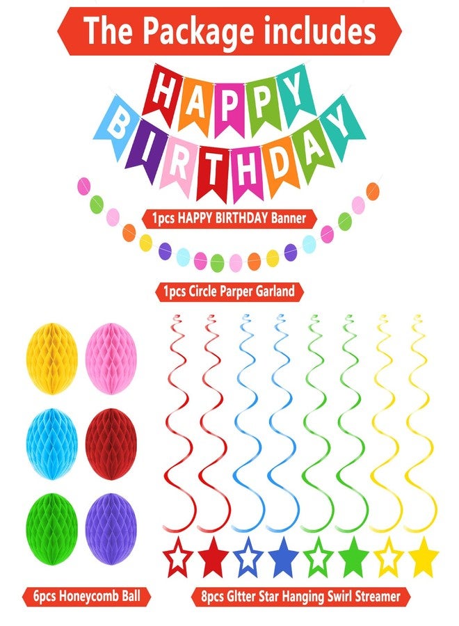 Laidans Happy Birthday Banner, Rainbow Birthday Decorations Set with 6 Honeycomb Balls, 8 Star Hanging Swirl Streamers, Circle Dots Garland Perfect for Women, Men, Boys, Girls - Image 3