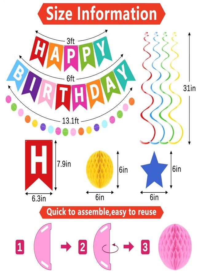 Laidans Happy Birthday Banner, Rainbow Birthday Decorations Set with 6 Honeycomb Balls, 8 Star Hanging Swirl Streamers, Circle Dots Garland Perfect for Women, Men, Boys, Girls - Image 2