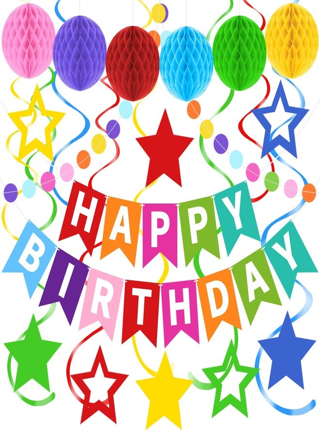 Laidans Happy Birthday Banner, Rainbow Birthday Decorations Set with 6 Honeycomb Balls, 8 Star Hanging Swirl Streamers, Circle Dots Garland Perfect for Women, Men, Boys, Girls - Image 1