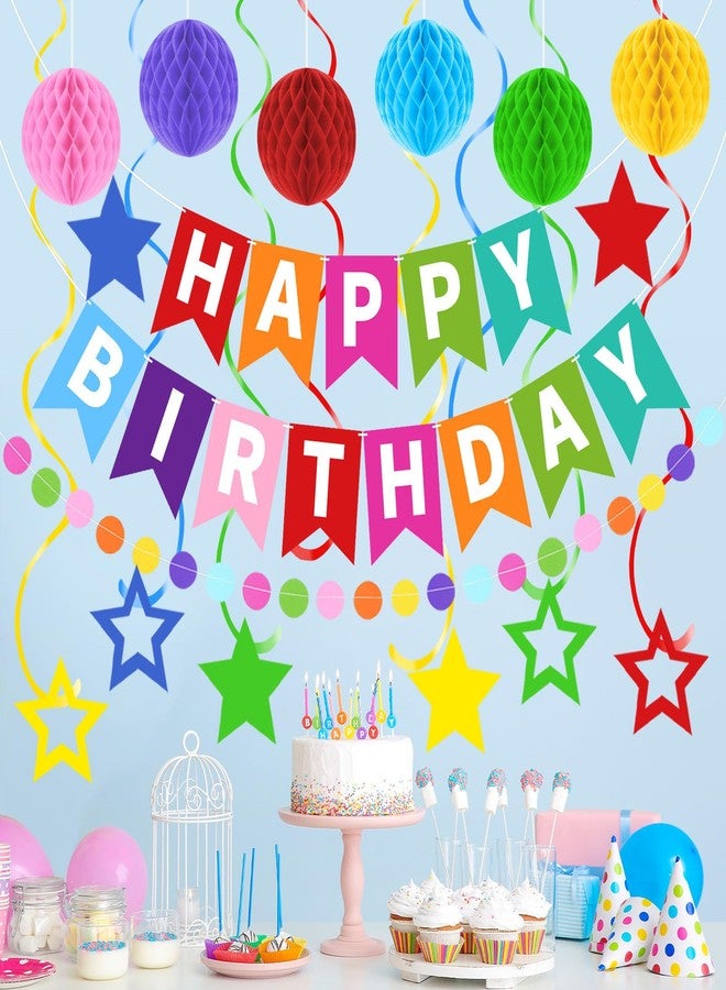 Laidans Happy Birthday Banner, Rainbow Birthday Decorations Set with 6 Honeycomb Balls, 8 Star Hanging Swirl Streamers, Circle Dots Garland Perfect for Women, Men, Boys, Girls - Image 4
