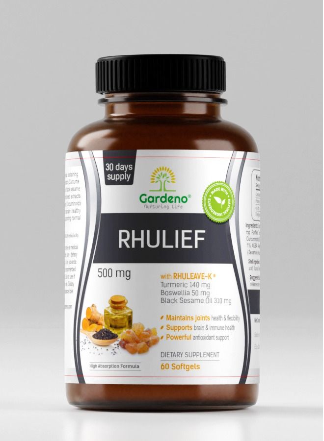 غاردينو مسكن طبيعي سريع للألم معصيغة روليف®-ك فائقة القوة | 3 في 1 صيغة امتصاص عالية الطاقة | مع الكركمين وللبان وزيت السمسم الأسود | 60 كبسولة هلامية - Image 1
