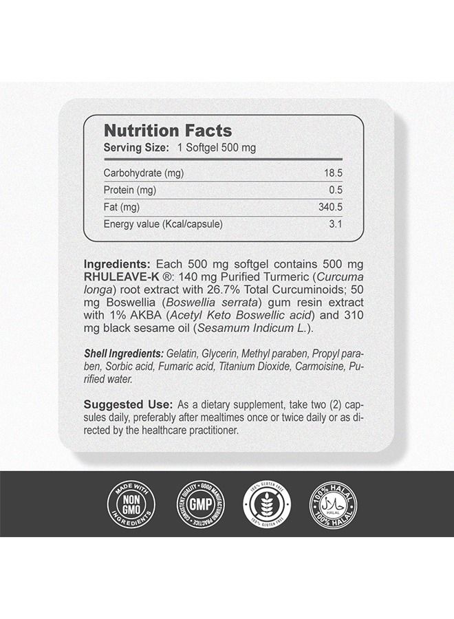 غاردينو مسكن طبيعي سريع للألم معصيغة روليف®-ك فائقة القوة | 3 في 1 صيغة امتصاص عالية الطاقة | مع الكركمين وللبان وزيت السمسم الأسود | 60 كبسولة هلامية - Image 2