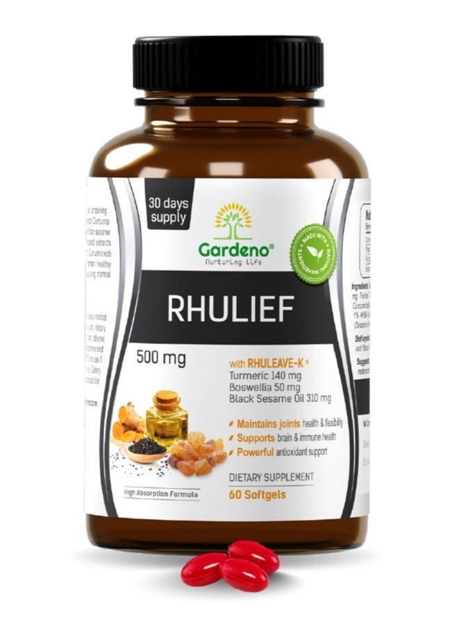 Gardeno Fast-Acting Pain Relief Supplement | Rhuleave-K® with Curcumin+ Boswellia Blend | Muscle Recovery, Joint Support & Menstrual Cramp Relief | Rhulief – 60 Softgels (500 mg) - Image 1