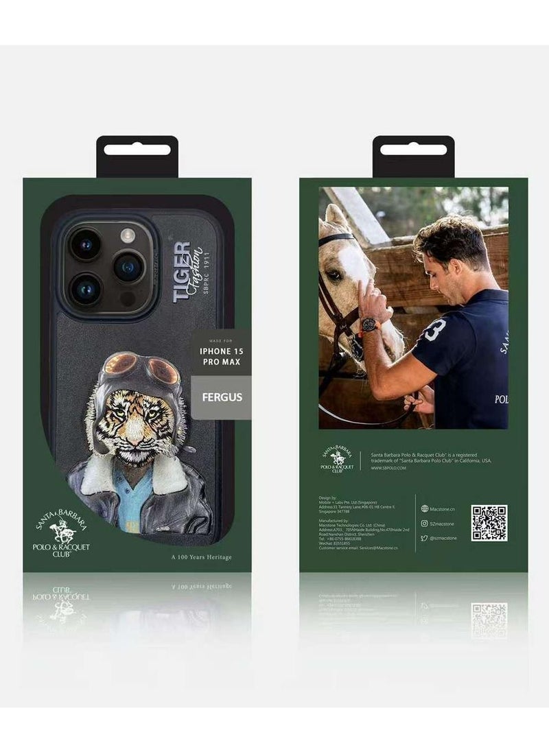 SANTA BARBARA POLO & RACQUET CLUB - Polo Tiger Series Leather Phone Case for iPhone 15 Pro | Premium Genuine Leather with 3D Raised Letters & Embroidered Design | Ultra-Slim, Shockproof, Scratch-Resistant, Drop-Tested Protection - Black - Image 1