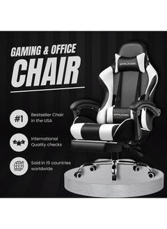 GTPLAYER Gaming Chair – Massage Cushion, Premium PU Leather, Ergonomic Design with Footrest, 360° Swivel, Adjustable Neck & Lumbar Pillow for Back Support, Home & Office Chair (White)  - Image 3