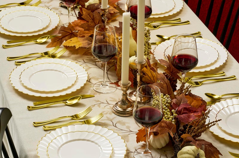 By Madee HEAVYWEIGHT 100 Pc Thanksgiving Plastic Plates for Party – Ivory Scalloped Plates with Gold Trim Disposable Plates for Fall Parties, Weddings & Friendsgiving (50 Guests) - Image 2