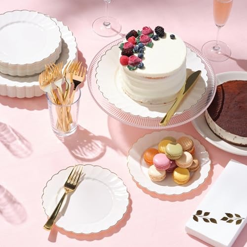 By Madee HEAVYWEIGHT 100 Pc Thanksgiving Plastic Plates for Party – Ivory Scalloped Plates with Gold Trim Disposable Plates for Fall Parties, Weddings & Friendsgiving (50 Guests) - Image 5