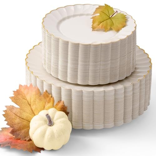 By Madee HEAVYWEIGHT 100 Pc Thanksgiving Plastic Plates for Party – Ivory Scalloped Plates with Gold Trim Disposable Plates for Fall Parties, Weddings & Friendsgiving (50 Guests) - Image 1