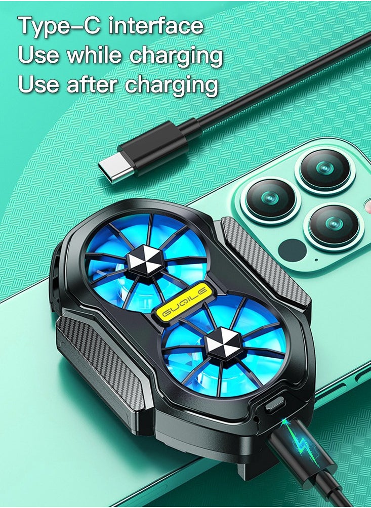 Phone Cooler with LED Light, Dual Fan USB Rechargeable Mobile Cooling Fan without Noise, Cellphone Radiator for Playing Games Tiktok for Universal iPhone/Android Smartphone