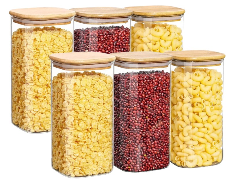 MARTVIA Glass Food Storage Jars With Bamboo Lids 1500Ml Set of 6,Wide Mouth Lid Jar For Home Kitchen,Flour,Sugar,Coffee,Pasta,Oats,Grains,Cookies,Snacks (Sqaure),Transparent - Image 1