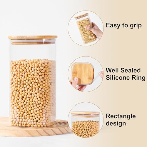 MARTVIA Glass Food Storage Jars With Bamboo Lids 1500Ml Set of 6,Wide Mouth Lid Jar For Home Kitchen,Flour,Sugar,Coffee,Pasta,Oats,Grains,Cookies,Snacks (Sqaure),Transparent - Image 3