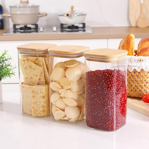 MARTVIA Glass Food Storage Jars With Bamboo Lids 1500Ml Set of 6,Wide Mouth Lid Jar For Home Kitchen,Flour,Sugar,Coffee,Pasta,Oats,Grains,Cookies,Snacks (Sqaure),Transparent - Image 2