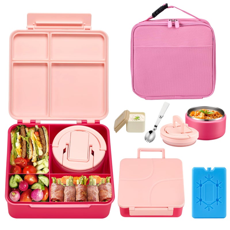 Bento Lunch Box with 8oz Soup ThermoKids Leakproof 4 Compartment Lunch Food Containers with Sauce Cup and Ice PackKids Thermo Insulated Hot Food Jar and Lunch Bag for SchoolTrvaelPink