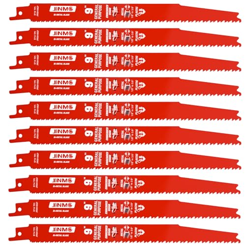 jinmg 10 Pack 9 Inch 8/14TPI Reciprocating Saw Blades for Wood and Nail-Embedded Wood Demolition, Metal Cutting for 1/8-3/8 Medium Metals and PVC Pallets etc.- Compatible with Diablo Bi-Metal Sawzall Blades - Image 1