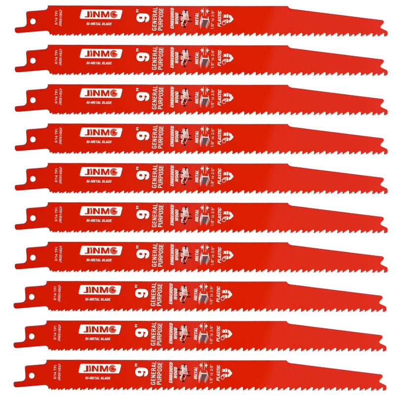 jinmg 10 Pack 9 Inch 8/14TPI Reciprocating Saw Blades for Wood and Nail-Embedded Wood Demolition, Metal Cutting for 1/8-3/8 Medium Metals and PVC Pallets etc.- Compatible with Diablo Bi-Metal Sawzall Blades - Image 2