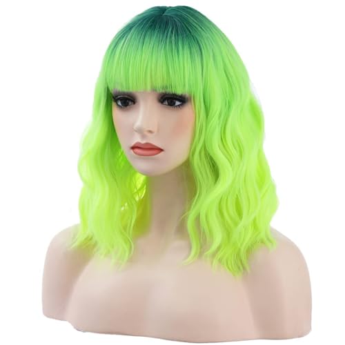 BERON 14 Inches Neon Green Wig with Bangs Short Curly Lemon Green Wigs with Dark Root for Women Daily Party Hairnet Include - Image 1