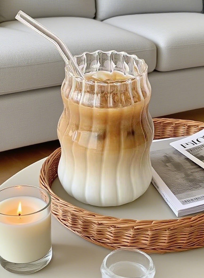 Ribbed Glass Cups, Vintage Drinking Glassware with Wave Shape Design, Bubble Cups for Iced Coffee, Juice, Beverage, Milk, Tea - Image 1