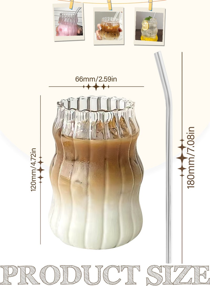 Ribbed Glass Cups, Vintage Drinking Glassware with Wave Shape Design, Bubble Cups for Iced Coffee, Juice, Beverage, Milk, Tea - Image 2