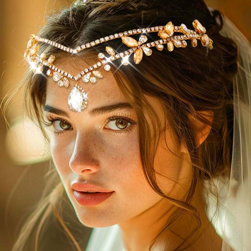 CLOACE Rhinestone Headband Gold Leave Pendant Headpiece Bride Wedding Crystal Hair Accessories for Women and Adult - Image 2