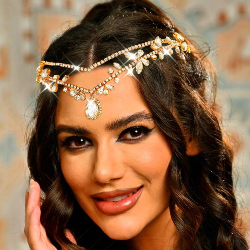 CLOACE Rhinestone Headband Gold Leave Pendant Headpiece Bride Wedding Crystal Hair Accessories for Women and Adult - Image 5