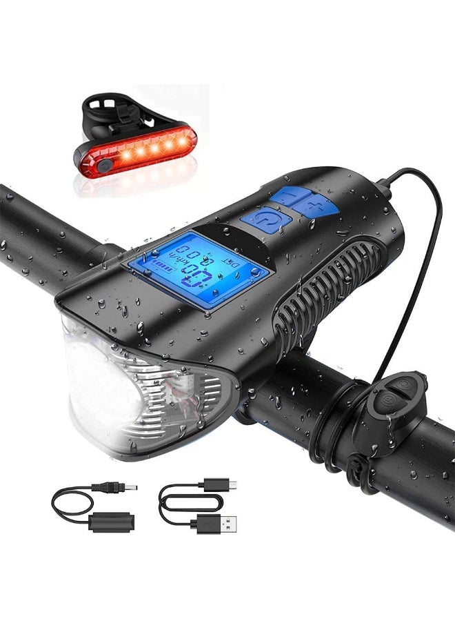 Generic Bicycle Computer Front and Tail Bike LED Light Combo Set, Horn and Speedometer, USB Rechargeable with Long Battery Life IPX5 Waterproof, 4 Lighting Modes, Fits All Mountain & Road Bikes  - Image 1