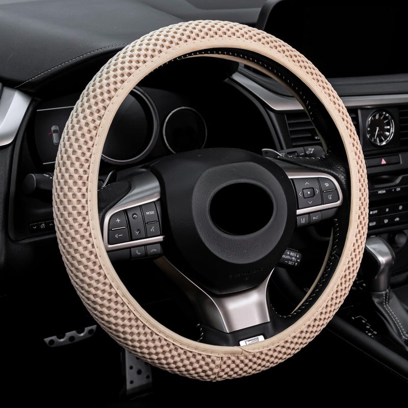 Alpmosn Elastic Stretch Steering Wheel Cover Breathable Microfiber Ice Silk AntiSlip Car Interior Accessories Fits for 1415 Steering Wheel Covers for Women MenBeige - Image 3