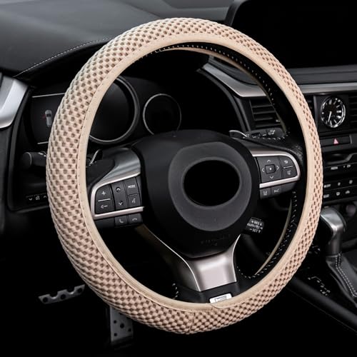 Alpmosn Elastic Stretch Steering Wheel Cover Breathable Microfiber Ice Silk AntiSlip Car Interior Accessories Fits for 1415 Steering Wheel Covers for Women MenBeige - Image 1