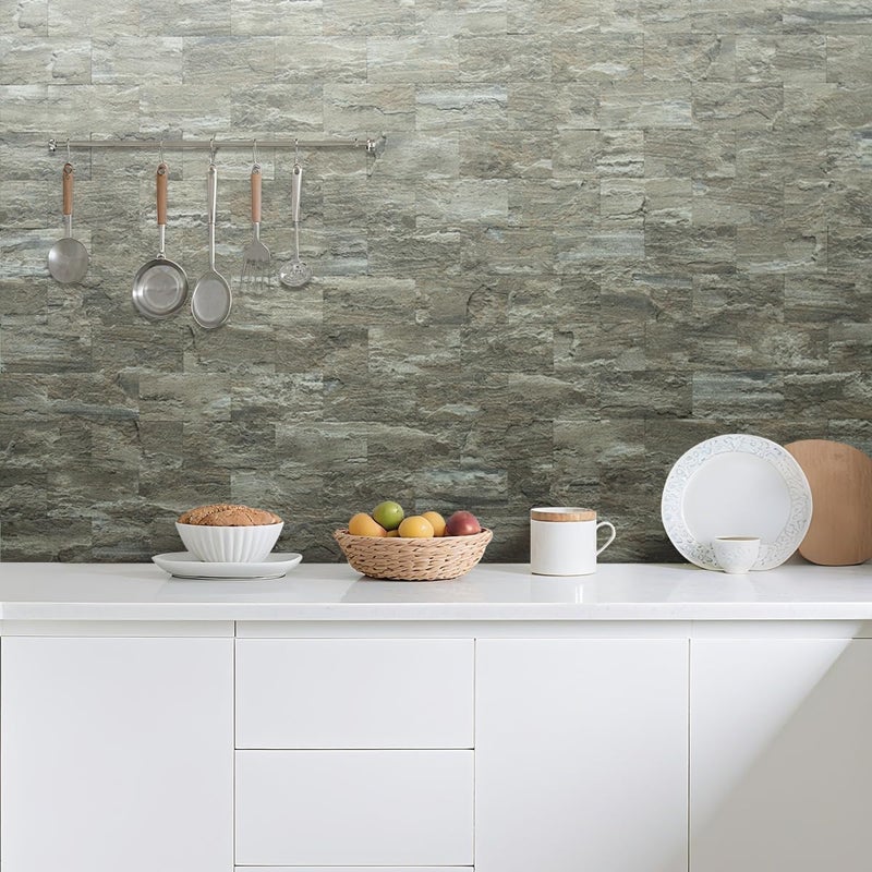 AULIGET 4-Piece Faux Stone Peel and Stick Backsplash Wall Tiles, 3" x 6" Apache Brown Rock PVC Stick on Tile for Backsplash Kitchen, Bathroom, Laundry Room, Camper, Fireplace - Image 5
