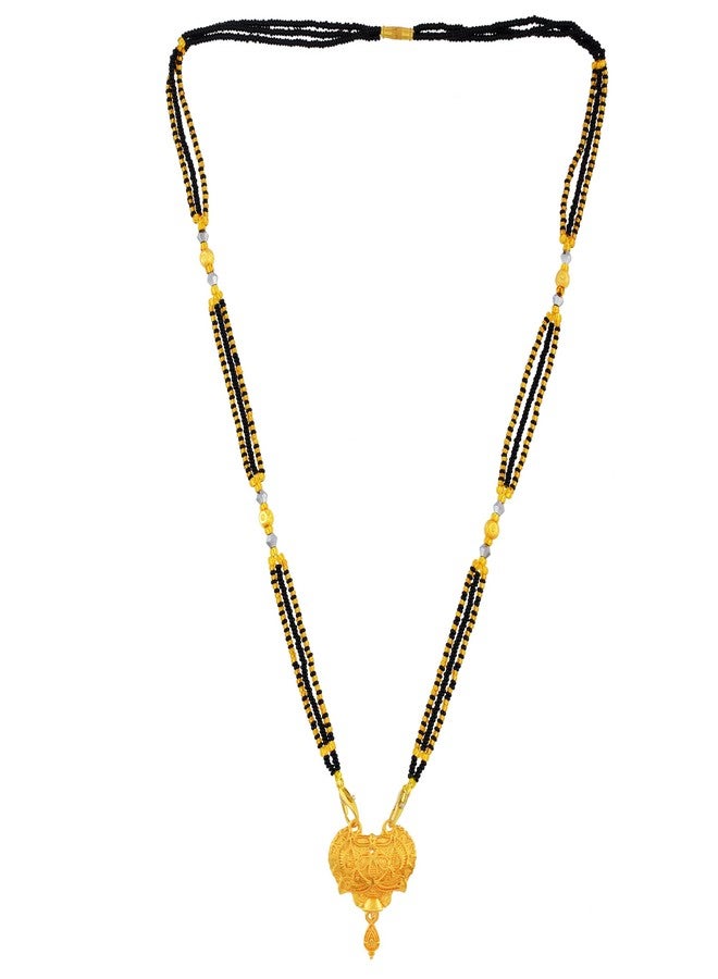 morir Antique Gold Plated Designer Mangalsutra with Engraved Pendant & Black Beads Chain - Image 3
