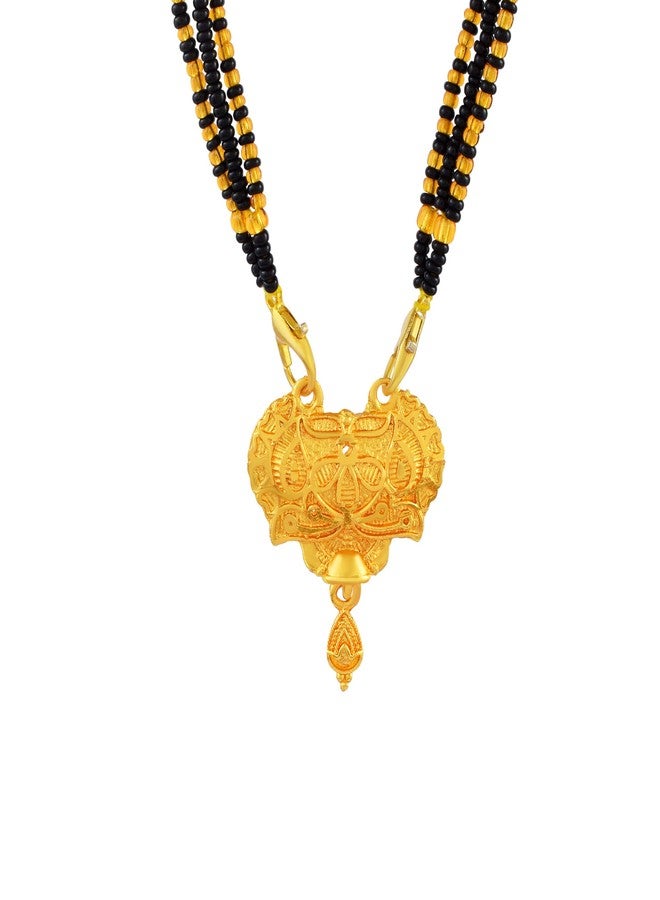 morir Antique Gold Plated Designer Mangalsutra with Engraved Pendant & Black Beads Chain - Image 1