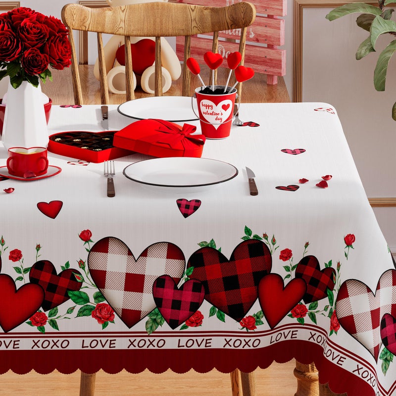 Siilues Valentines Tablecloth Rectangle 60x84 Inch, Washable Red Plaid Love Hearts Valentines Day Tablecloth Waterproof Scalloped Edge Dining Table Cloth Sweet Home Party Decorations - Image 2