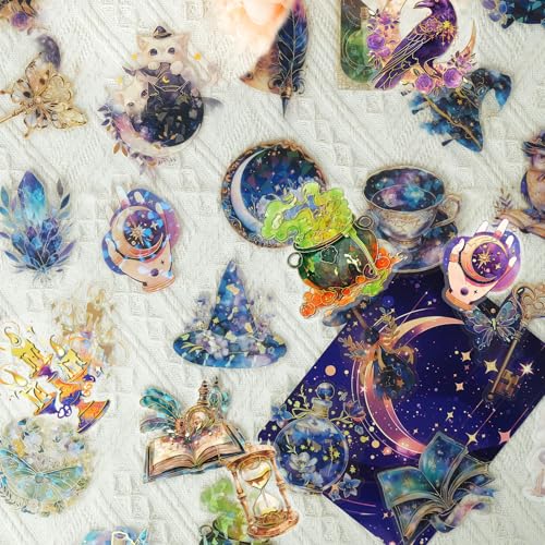 YOKSAS Holographic Gold Foil Witch Astrology Stickers - 30Pcs Transparent Mysterious Witch Stuff Stickers for Scrapbook, Journals, Stationery, Notebook - Image 3