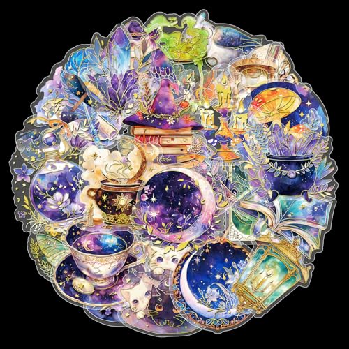 YOKSAS Holographic Gold Foil Witch Astrology Stickers - 30Pcs Transparent Mysterious Witch Stuff Stickers for Scrapbook, Journals, Stationery, Notebook - Image 1