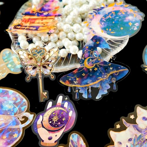 YOKSAS Holographic Gold Foil Witch Astrology Stickers - 30Pcs Transparent Mysterious Witch Stuff Stickers for Scrapbook, Journals, Stationery, Notebook - Image 5