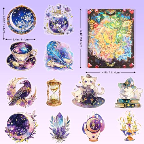 YOKSAS Holographic Gold Foil Witch Astrology Stickers - 30Pcs Transparent Mysterious Witch Stuff Stickers for Scrapbook, Journals, Stationery, Notebook - Image 2