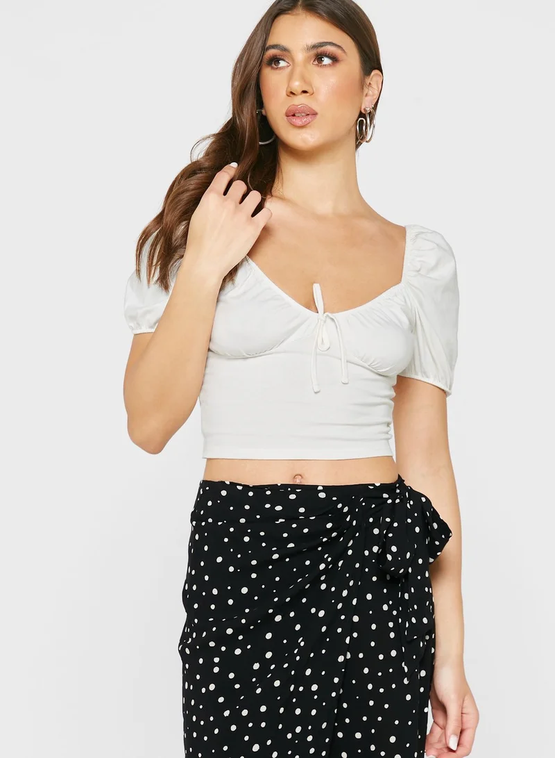 Miss Selfridge Tie Detail Puff Sleeve Crop Top