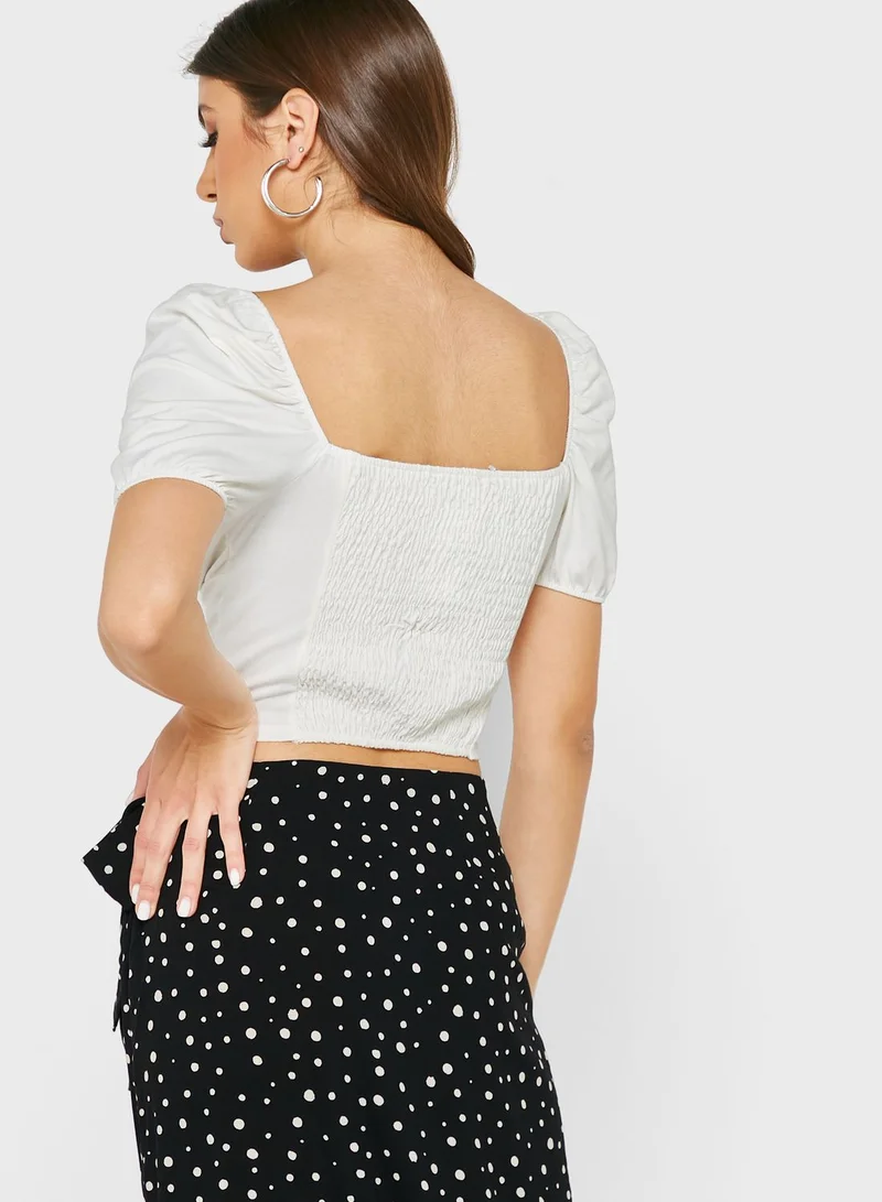 Miss Selfridge Tie Detail Puff Sleeve Crop Top