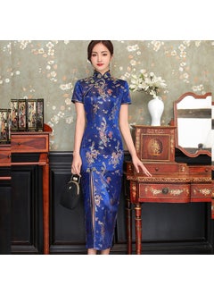 Generic Chinese Style Slimming Long Dress For Women Spring Summer Short Sleeves Dragon And Phoenix Weave Satin Youthful Look CQ816-dark blue  - Image 1