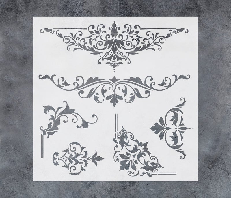 قالب دماسكي مزخرف من GSS Designs للرسم على الخشب والقماش والورق والأرضيات والجدران والبلاط 12x12 بوصة قالب فني قابل لإعادة الاستخدام لتفاصيل الأثاث وزوايا الفن