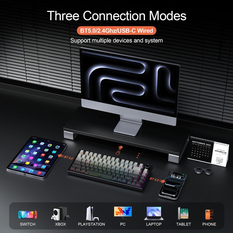 Gurjot Wireless Mechanical Keyboard, 75% Hot Swappable Custom Keyboard, Side Printed PBT Keycaps,BT/2.4GHz/USB-C, Hot Swappable, Knob, RGB Backlit, Mechanical Gaming Keyboards for PC/Tablet/PS/Xbox - Image 3