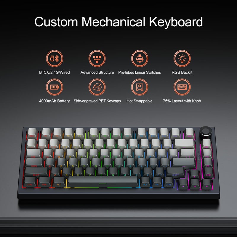 Gurjot Wireless Mechanical Keyboard, 75% Hot Swappable Custom Keyboard, Side Printed PBT Keycaps,BT/2.4GHz/USB-C, Hot Swappable, Knob, RGB Backlit, Mechanical Gaming Keyboards for PC/Tablet/PS/Xbox - Image 2
