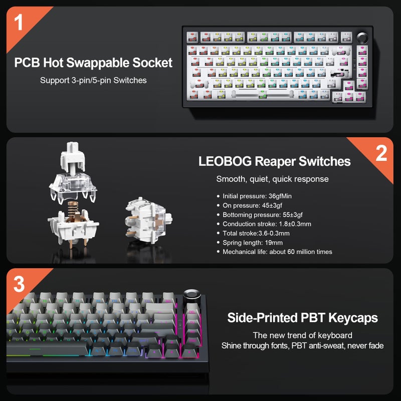 Gurjot Wireless Mechanical Keyboard, 75% Hot Swappable Custom Keyboard, Side Printed PBT Keycaps,BT/2.4GHz/USB-C, Hot Swappable, Knob, RGB Backlit, Mechanical Gaming Keyboards for PC/Tablet/PS/Xbox - Image 5