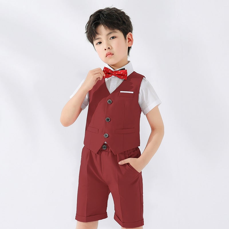 Boy's dress spring/summer British gentleman vest two-piece set student class graduation photography short sleeve shirt suit - Image 5