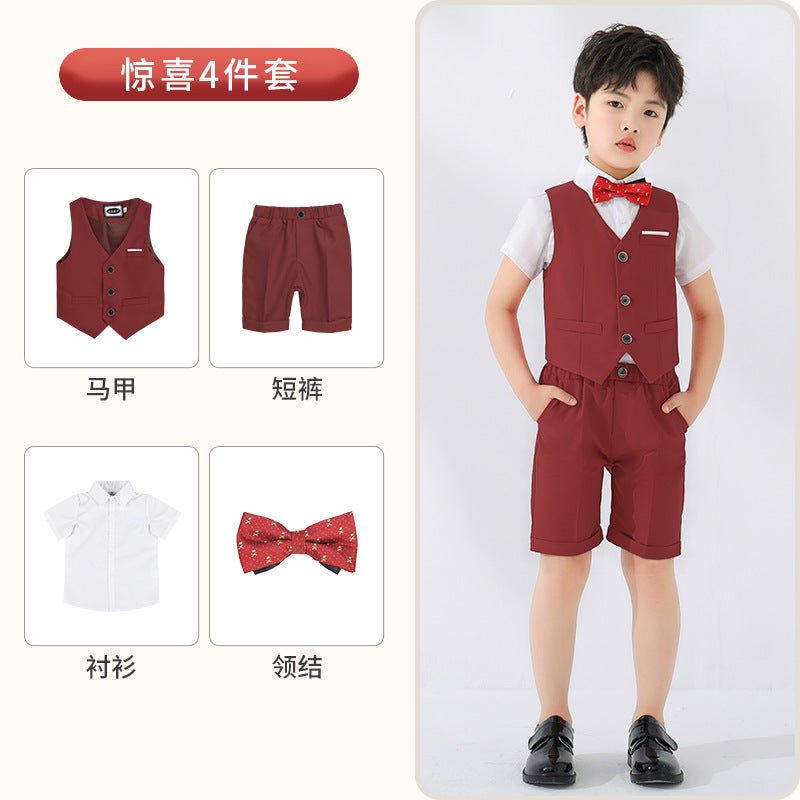 Boy's dress spring/summer British gentleman vest two-piece set student class graduation photography short sleeve shirt suit - Image 1